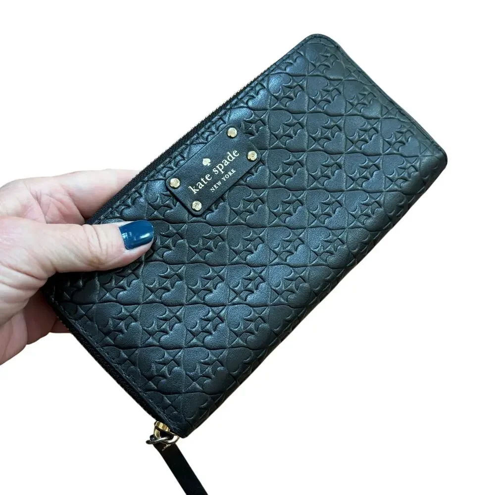 Kate spade new york black quilted leather zip around wallet designer clutch